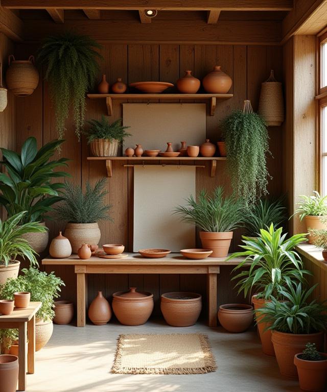 Interno della bottega con scaffali in legno e piante