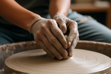 Mani sull'argilla durante un corso di tornio ceramico